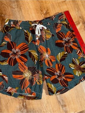 Jogal Botanical Floral Viscose Cotton Shorts Teal Pockets Drawstring Preppy sz M